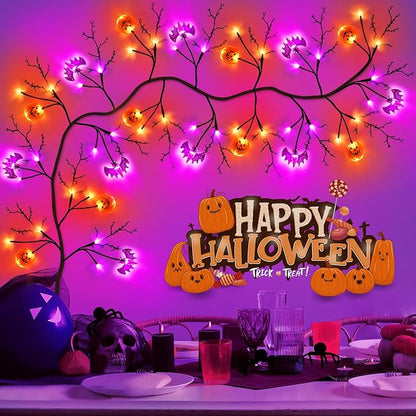 7 Ft 63 LED Halloween Willow Vine Twig Garland with 8 Modes Timer Orange Purple 21 Pumpkin Bats Lights,Halloween Garland with Waterproof Battery Operated for Indoor Wall Fireplace Decorations