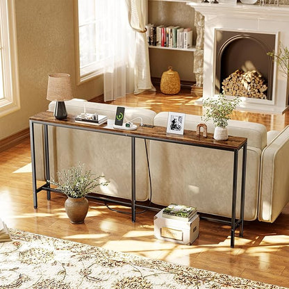 SUPERJARE 70 Inch Console Table with Outlet, Sofa Table with Charging Station, Narrow Entryway Table, Skinny Hallway Table, for Living Room, Rustic Brown