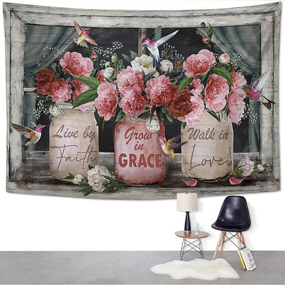 yowecso Farmhouse Rose Tapestry Peony Flower Tapestry Wall Hanging for Bedroom Floral Tapestries Aesthetic Wall Decor for Home Dorm Living Room 50"x60"