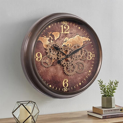 CLXEAST 24 Inch Large Wall Clock with Moving Gears, Industrial Clocks with World Map Dial, Oversized Cool Wall Clock for Living Room Decor,Oil Rubbed Bronze Brown