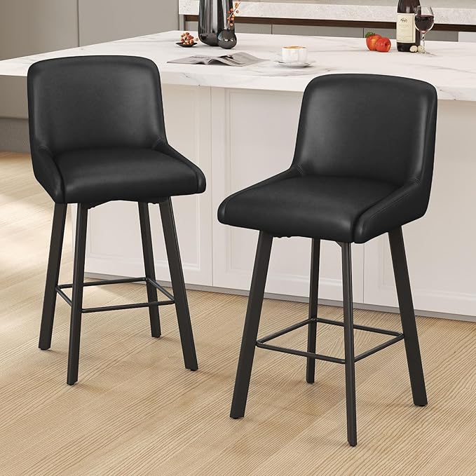 Swivel Bar Stools, 26''H Upholstered Barstools with Backs, Modern Counter Height Bar Stool Chairs for Kitchen Island, Metal Legs (Black- Faux Leather, Set of 3-26" H)