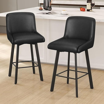 Swivel Bar Stools, 26''H Upholstered Barstools with Backs, Modern Counter Height Bar Stool Chairs for Kitchen Island, Metal Legs (Black- Faux Leather, Set of 3-26" H)