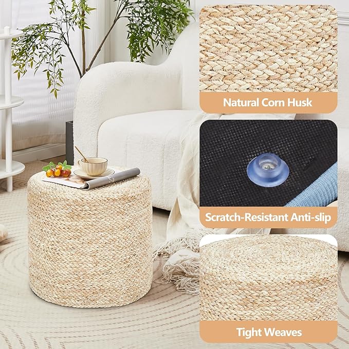 Wimarsbon 18'' Ottoman Pouf, Natural Braided Poof, Rustic Handweave Lounge Pouffe, Boho Footrest Stool for Bedroom, Accent Table or Seat for Living Room (Natural Corn Husk)