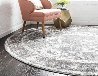 Unique Loom Rosso Collection Vintage, Traditional, Bohemian, Geometric, Distressed, Southwestern Area Rug (4' 0 x 4' 0 Round, Gray/Ivory)