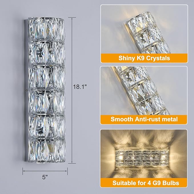 6 Layer Chrome Crystal Wall Sconce, Modern Wall Lamp Light Fixture for Bathroom Vanity, Stairway, Kitchen, Living Room, Bedroom, Hallway