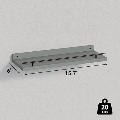 WOPITUES Floating Shelves with Black Metal Guardrail, Shelves for Wall Decor Set of 3, Wall Shelves for Bedroom, Bathroom, Kitchen, Living Room, Plants, Picture Frames, Art- Grey