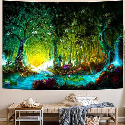Delur Fantasy Forest Tapestry Mystical River Enchanted Magical Fairy Tale Tree Tapestry Sunrise Landscape Sunset Nature Psychedelic Wall Hanging Headboard for Bedroom Living Room Home Decor (70.8" x 92.5")
