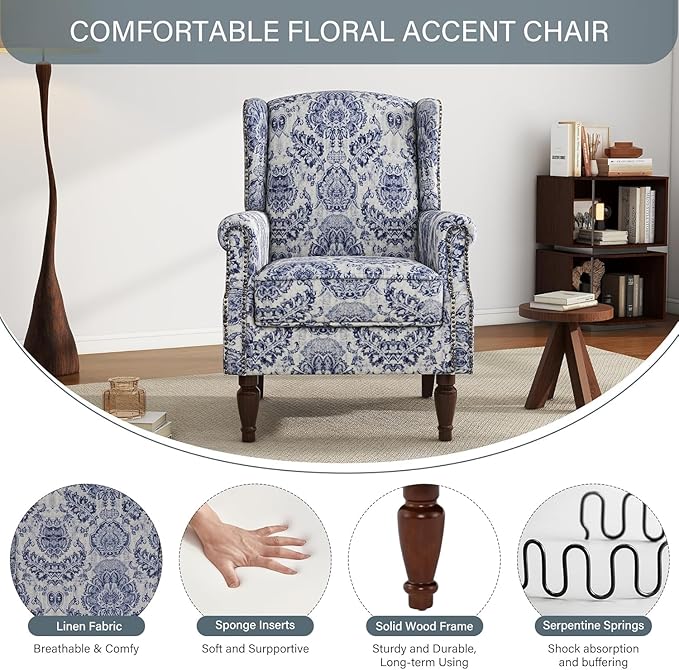 UIXE High Back Floral Accent Chair, Fabric Upholstered Armchair for Living Room, Retro Wingback Arm Chair with Solid Wood Legs, Nailhead Trim Single Sofa Bedroom Reading Seat - Navy Blue
