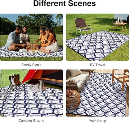 OLANLY Reversible Outdoor Rug 6x9 ft Clearance, Waterproof Outdoor Plastic Straw Rug with Interlacing Pattern, RV Mat for Patio, Camping, Balcony, Deck, Backyard, Navy & White