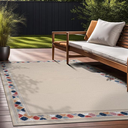 Beverly Rug Outdoor Rug 4x6 Modern Bordered Area Rugs for Indoor and Outdoor Patio Easy to Clean Non Shedding Living Room Porch Garden Washable Outside Carpet (4 x 6 Beige)