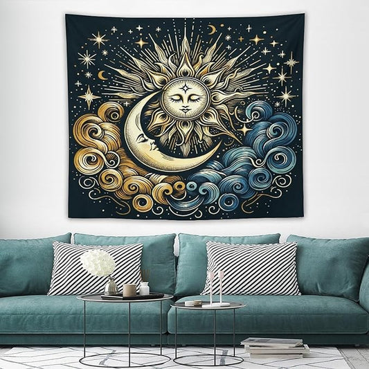 HZOHNAGO Sun Moon Tapestry Boho Golden Stars Pattern Printed Wall Tapestry Wall Hanging for Bedroom Living Room Dorm 60" W x 50" H
