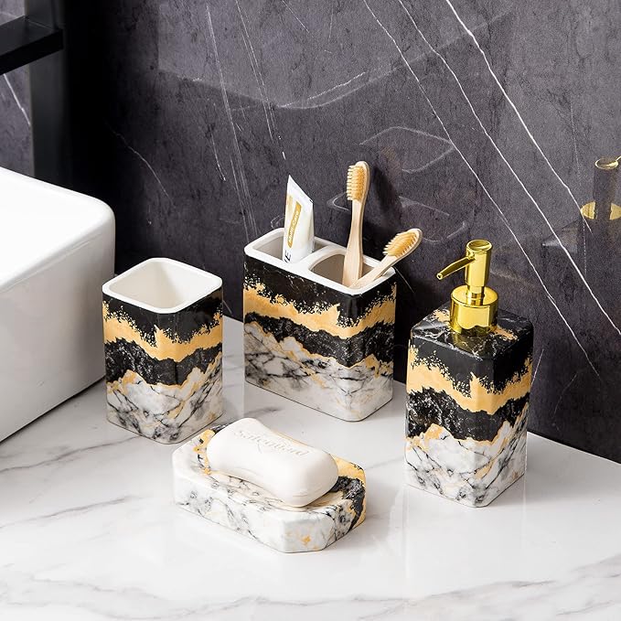4 Piece Bathroom Accessories Set - Black and White Includes Lotion Dispenser, Toothbrush Holder Tumbler, and Soap Dish - Glossy Finish (Marble, Black, and White)