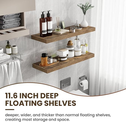 36 Inch Floating Shelves, 12 Inch Deep Floating Shelves for Wall, Floating Shelf with Invisible Brackets, Deep Shelves for Bathroom, Bedroom, Living Room, 2 Pack, Brown