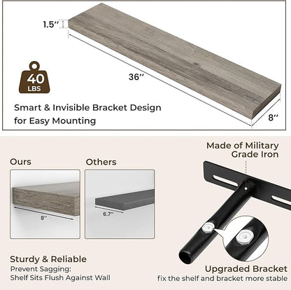 RICHFOCUS 36Inch Floating Shelves for Wall 2 Pack Shelves for Bedroom|Kitchen|Bathroom Wall Mounted Rustic Wood Floating Shelf with Invisible Brackets for Books|Storage|Decor, Grey