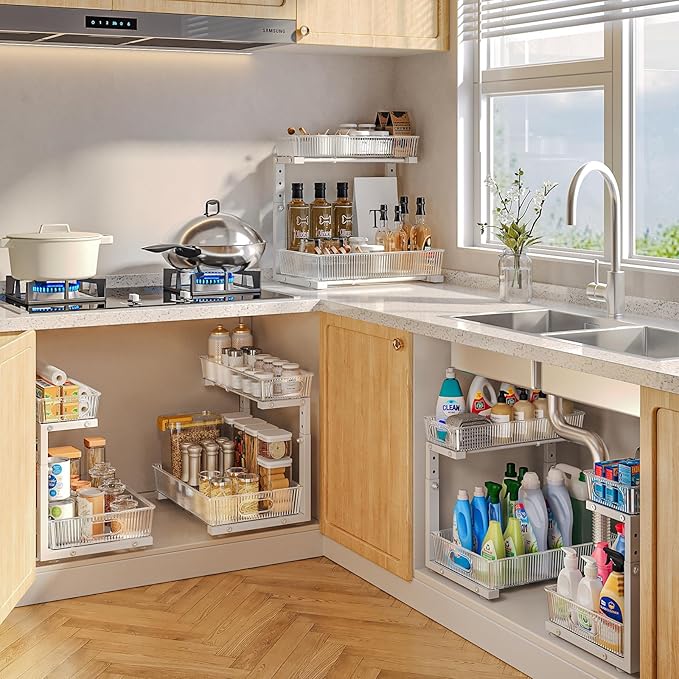 2 Pack Under Sink Organizer, 2-Tier Pull Out Cabinet Organizer, Elegant Acrylic Under Sink Storage Shelf for Kitchen Bathroom Cabinet, L-Shaped Adjustable Height for Maximum Space Efficiency-White