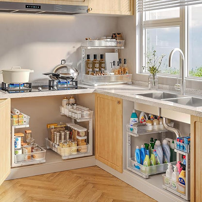 2 Pack Under Sink Organizer, 2-Tier Pull Out Cabinet Organizer, Elegant Acrylic Under Sink Storage Shelf for Kitchen Bathroom Cabinet, L-Shaped Adjustable Height for Maximum Space Efficiency-White