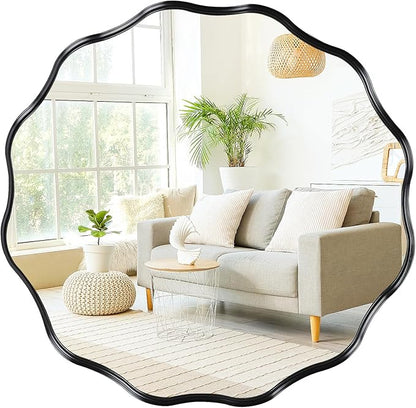 Fabuady Black Round Wavy Edge Mirror - 24'' Circle Wall Mirror with Metal Frame, Decorative Hanging/Leaning Mirror for Bathroom, Bedroom, Living Room, Hallway, Entryway, Office, Home Decor