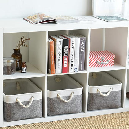 TcaFmac Collapsible Storage Bins for Organization - Large 3 Pack Canvas Storage Basket for Shelves, Organizer Baskets for Organizing for Closet Cloth Dog Toy Baby (White & Grey 16x12x8 inch)