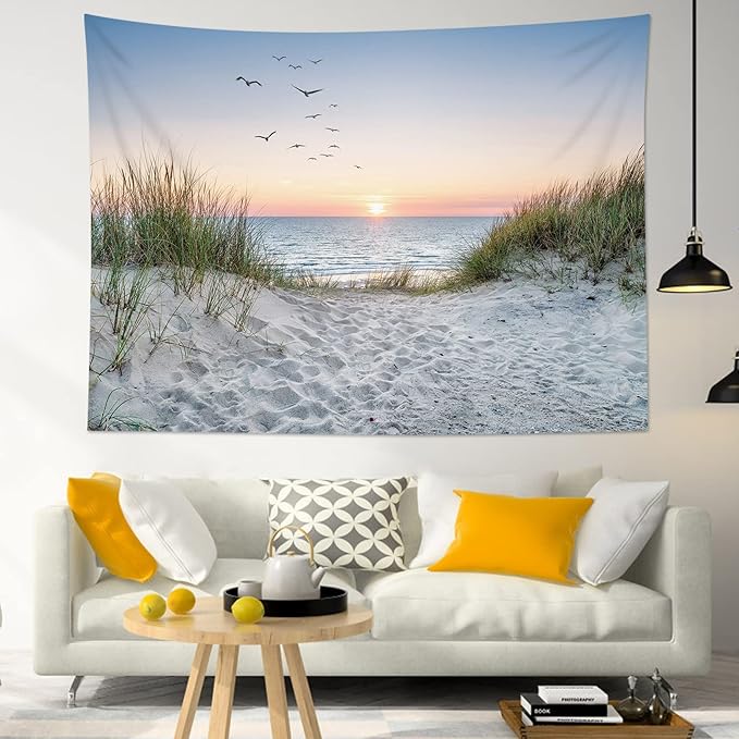 HVEST Ocean Beach Tapestry Wall Hanging, Sunset Seabird and Beach with Grass, Natural Landscape for Bedroom, Living Room, Dorm Decoration, 92.5x70.9 Inches