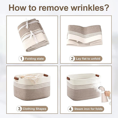 45L Small Laundry Basket with Leather Handles for Living Room Storage, Woven Rope Baskets Bin for Blanket, Kids Toy, Gifts, Wicker Hamper for Bedroom Dirty Clothes, 18"x14"x11" White Brown