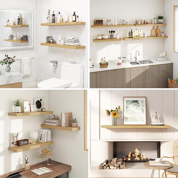 36 Inches Floating Shelves for Wall, 9.3" Deep Long Floating Shelves Set of 2, Large Display & Storage Shelf, Wall Shelf for Bathroom Bedroom Living Room Kitchen Office, Oak