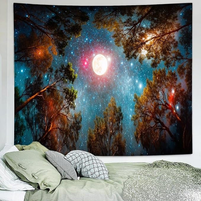 Delur Forest Tapestry Galaxy Moon Stars Night Space Starry Sky Wall Hanging Tapestry Aesthetic Tree Nature Landscape Psychedelic Headboard for Bedroom Living Room Home Decor (51.2" x 59.1")
