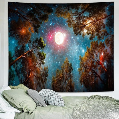 Delur Forest Tapestry Galaxy Moon Stars Night Space Starry Sky Wall Hanging Tapestry Aesthetic Tree Nature Landscape Psychedelic Headboard for Bedroom Living Room Home Decor (70.8" x 92.5")