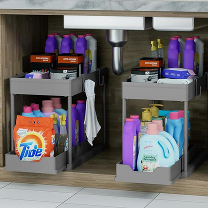 Under Sink Organizer 2 Pack，Bathroom Cabinet Organizer，2 Tier Sliding Cabinet Basket Organizer Drawer, Multi-Purpose Bath Collection Baskets for Bathroom (Grey)