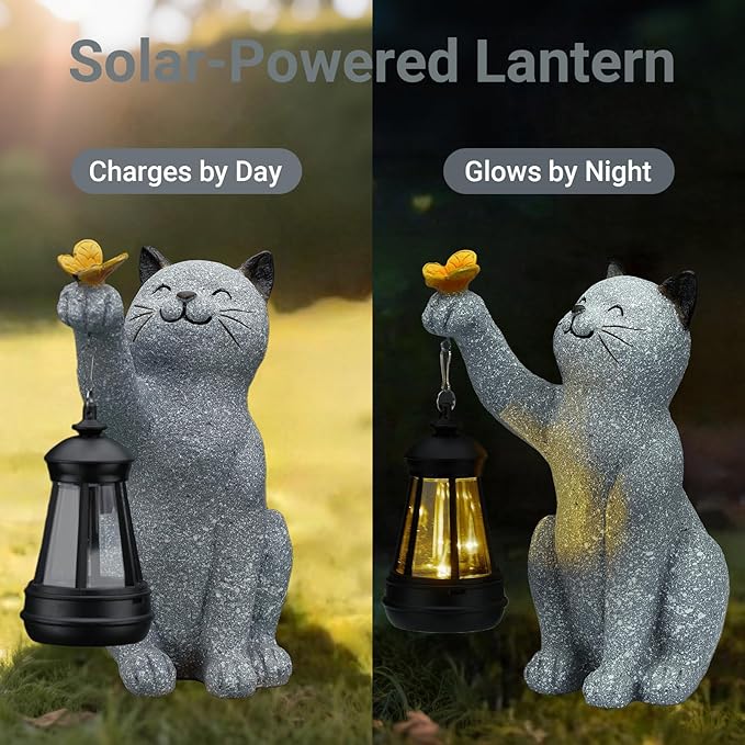Solar Cat Garden Statue Outdoor Decor, Cat Sculpture with Lantern and Butterfly for Yard Lawn Patio Balcony, Birthday Housewarming Gifts for Mom, Grandma, Women, 9.4 inch, Resin