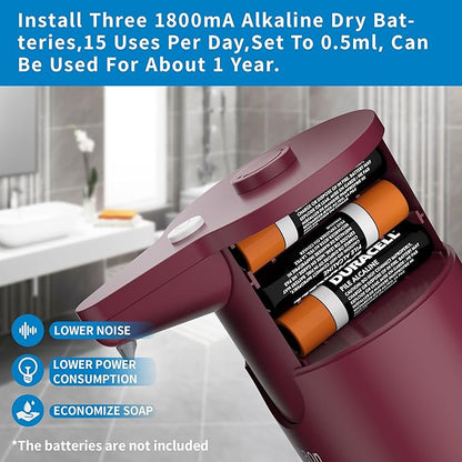 Automatic Soap Dispenser Touchless, Hands-Free, Multi Adjustable Volume, Long Battery Life, Compatible with Thick & Thin Dish/Hand Soap for Bathroom and Kitchen, Easy for Toddlers, Red