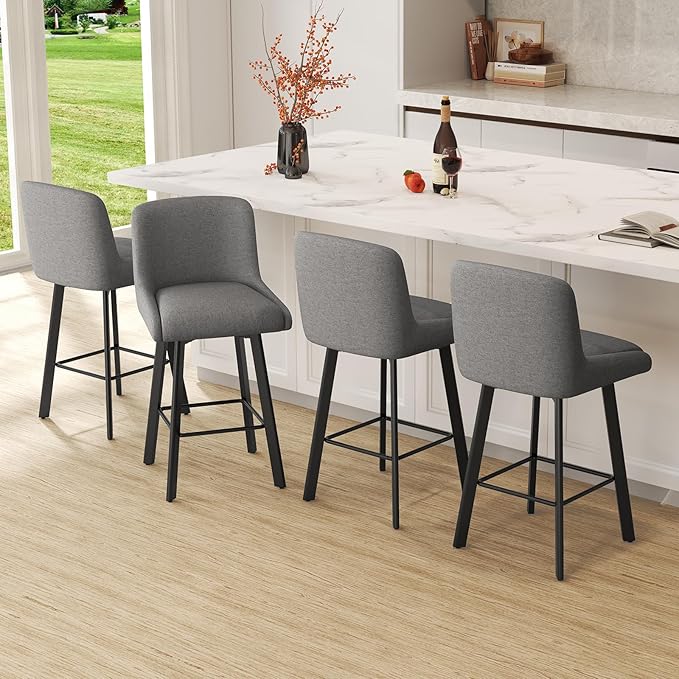 Swivel Bar Stools Set of 4, 26''H Upholstered Barstools with Backs, Modern Counter Height Bar Stool Chairs for Kitchen Island, Metal Legs, Fabric, Gray Counter Stools