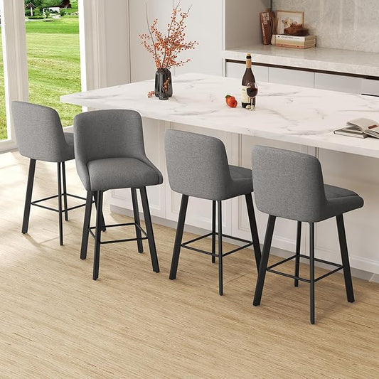 Swivel Bar Stools Set of 4, 26''H Upholstered Barstools with Backs, Modern Counter Height Bar Stool Chairs for Kitchen Island, Metal Legs, Fabric, Gray Counter Stools