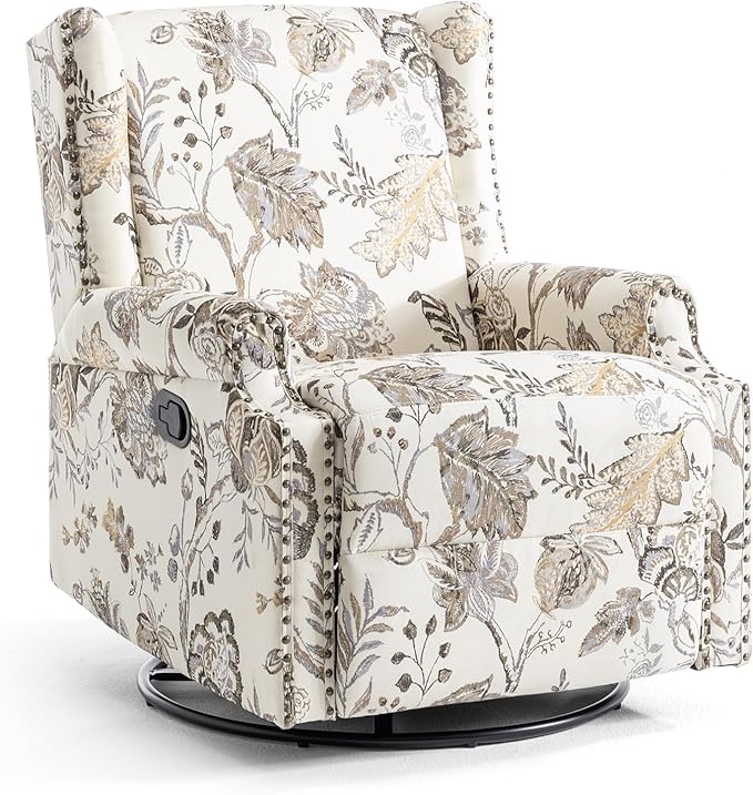 UIXE Swivel Rocker Manual Recliner Chairs Set of 2, Wingback Swivel Glider Fabric Nursery Reclining Sofa Chair, High Back Upholstered Arm Chair for Living Room Bedroom - Beige Plants