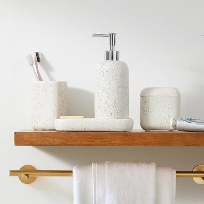4-Pieces Bathroom Accessory Set Hight Quality Polyresin Ensemble-Lotion Dispenser/Toothbrush Holder/Cotton Jar/Soap Dish, Cream Color
