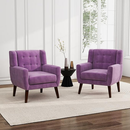 UIXE Accent Chairs Set of 2, Modern Upholstered Arm Chair, Mid-Century Club Armchair Comfy Single Lounge Sofa, Button Tufted Living Room Reading Side Seating for Bedroom Office, Velvet-Purple