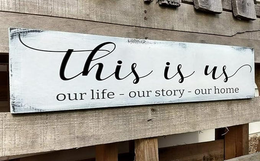 This is Us Sign, Our Life Our Story Our Home Sign, Farmhouse Family Wooden Wall Decor for Living Room Bedroom (This is Us) 4x16 Inch