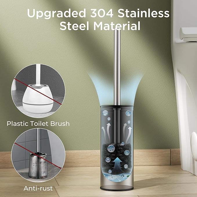 Toilet Brush and Holder Set, Toilet Bowl Brush with Heavy Duty 304 Stainless Steel Base and Extra Long Handle, Toilet Bowl Cleaners Brush for Bathroom (Stainless Steel)