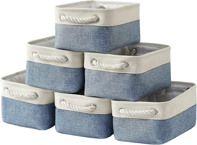 TcaFmac Storage Basket for Shelves - Small 6 Pack Fabric Storage Bins for Organizing, Collapsible Storage Cubes with Handle for Closet Cloth Toy Decorative Gift (White & Blue11.8 x 7.8 x 5.2 inch)