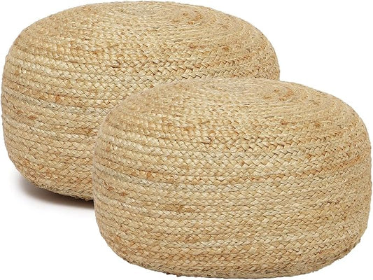 REDEARTH · Jute Circular Low Pouf Ottoman - Braided Pouffe Accent Sitting Round Footrest for Living Room, Bedroom, Nursery, kidsroom, Patio, Gym; 100% Jute Set of 2 (18"x18"x10"; Natural)