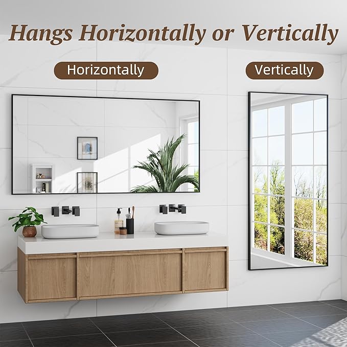 Bathroom Mirror 60" x 30", Large Rectangle Wall Mirror, Black Metal Frame Wall Mounted Mirrors for Bathroom, Vanity, Bedroom, Entryway Decor(Horizontal/Vertical)