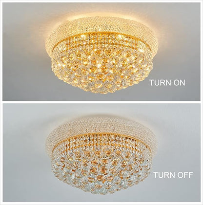 9-Light Crystal Flush Mount Chandelier Ceiling Light Fixture for Living Room Dining Room Bedroom Foyer Entryway Hallway Closet Bathroom (Gold D22)