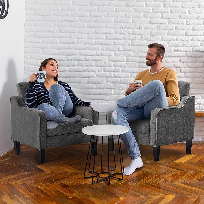 VINGLI Accent Chairs Set of 2 for Living Room, Light Grey Mid Century Modern Chair Soft Chenille Sofa Chair Upholstered Comfy Arm Chairs for Bedroom, Play Room, Apartment