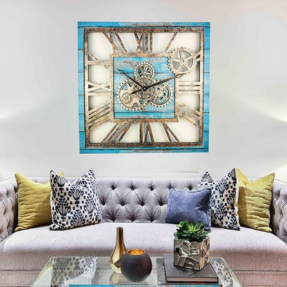 The Gears Clock 24'' Inch Square Real Moving Gear Wall Clock Vintage Industrial Oversized Rustic Farmhouse (Ocean Blue)