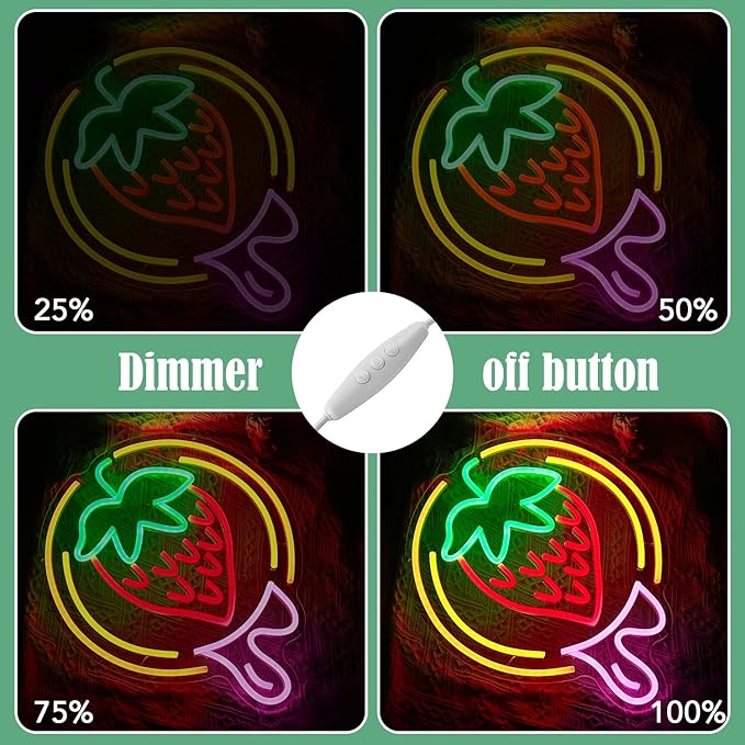 Strawberry Neon Sign USB Powered Sweet Fruit Led Light Up Sign Dimmable Funny Neon Light Wall Decoration for Home Kitchen Fruit Market Dessert Shop Farmhouse Restaurants