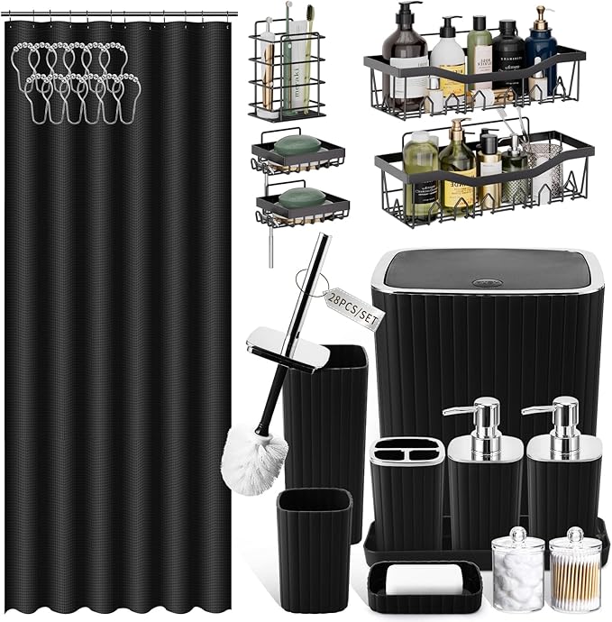 28PC Bathroom Set - Gorgeous Black Bathroom Set, Bathroom Accessory Set, Black Shower Curtain Set with Shower Caddy