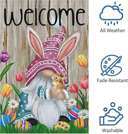 Welcome Easter Gnome Garden Flag 12x18 Double Sided Burlap, Funny Bunny Floral Small Yard Flag Banner for Holiday Farmhouse Outdoor Decor (ONLY FLAG)