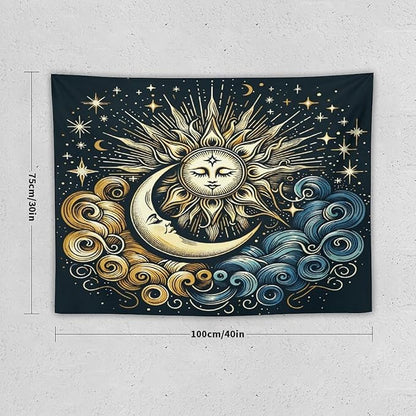 HZOHNAGO Sun Moon Tapestry Boho Golden Stars Pattern Printed Wall Tapestry Wall Hanging for Bedroom Living Room Dorm 40" W x 30" H