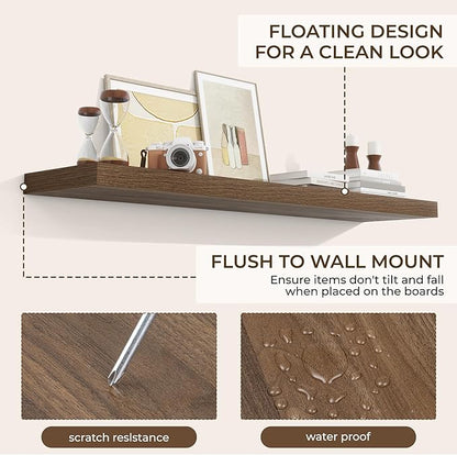 RICHFOCUS 55Inch Floating Shelves for Wall 2 Pack Shelves for Bedroom|Kitchen|Bathroom Wall Mounted Rustic Wood Floating Shelf with Invisible Brackets for Books|Storage|Decor, Walnut