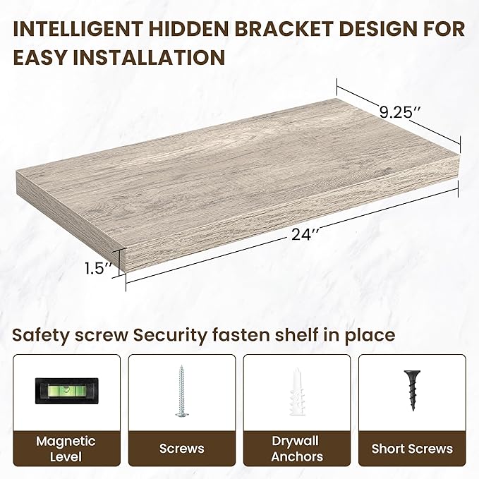 24 Inch Floating Shelves, 3D Textured Wood Grain, 24"x9.25"x1.5" Inch Deep Floating Shelves for Wall, Wooden Shelves for Bathroom, Bedroom, Living Room, Vintage Gray Oak, 2 Pieces