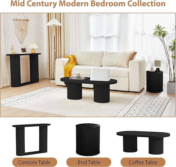 AVZEAR Small Round Side Table Fluted Night Stand Set of 2, Mid Century Modern End Table with Storage, Circle Bedside Tables Wood Nightstands for Small Spaces, Living Room, Bedroom (Black)